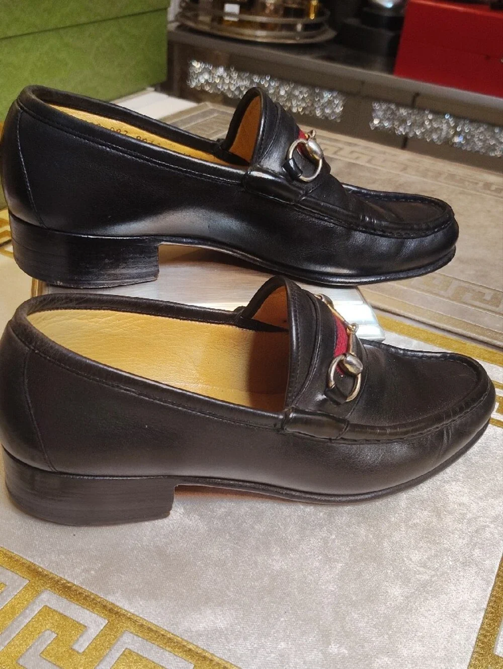 Vintage 1950's Gucci Black Leather Horsebit Loafers with Red Stripe Size 42